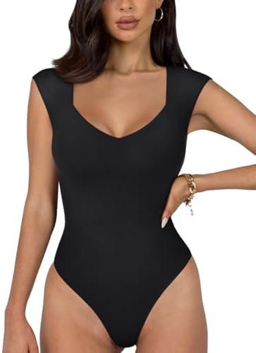 REORIA Butsmooth® Women's Trendy Sexy Casual V Neck Double Lined Sleeveless Slimming Going Out Tank Top Bodysuits, XL