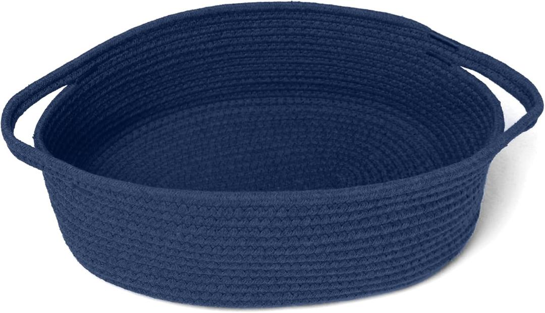 Dark Blue Small Woven Basket, 13” x 9” x 5” Baskets for Gifts Empty, Cotton Rope Gift Basket, Cute Nursery Baby Organizer, Cat Dog Toy Box, Oval Wicker Storage Bin with Handle 