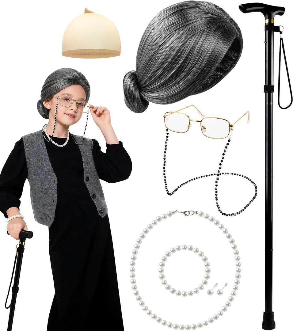 100 Days of School Old Lady Grandma Costume Accessories Set with Wig, Glasses, Cane & Faux Pearl Set