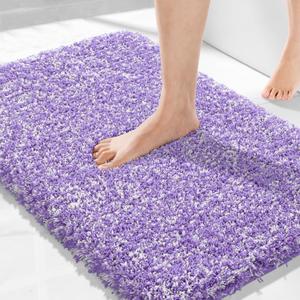 Yimobra Bath Rugs for Bathroom 32x20, Ultra Soft and Water Absorbent Bath Mats, Non Slip Plush Shower Mat Outside, Microfiber Thick Matts for Bathroom Floor/Tub, Machine Washable, Purple and White