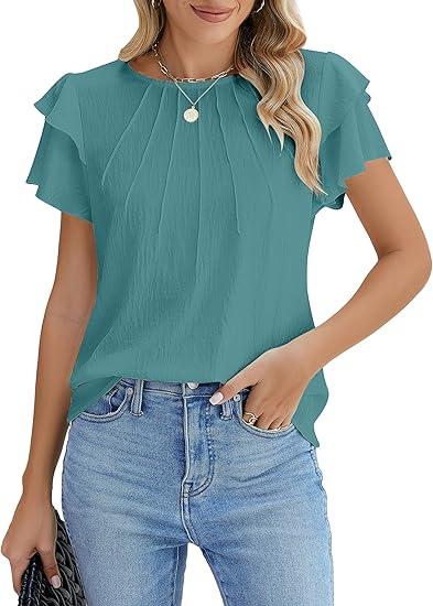 Blooming Jelly Women Dressy Casual Tops Business Work Blouses Summer Shirts Short Sleeve Crew Neck Outfits 2025 XL