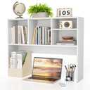 Clikuutory 2-Tier Desktop Bookshelf Hutch, Wood Countertop Storage Organizer with 4 Storage Compartments for Computer Desk, Multipurpose Tabletop Display Rack for Home Office Dorm Bedroom, White