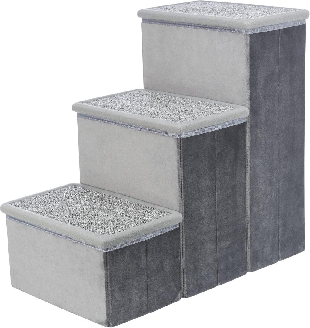 Trixie Velour 3-Step Pet Stairs with Storage, Collapsible, Storage Compartments for Pet Toys,Gray