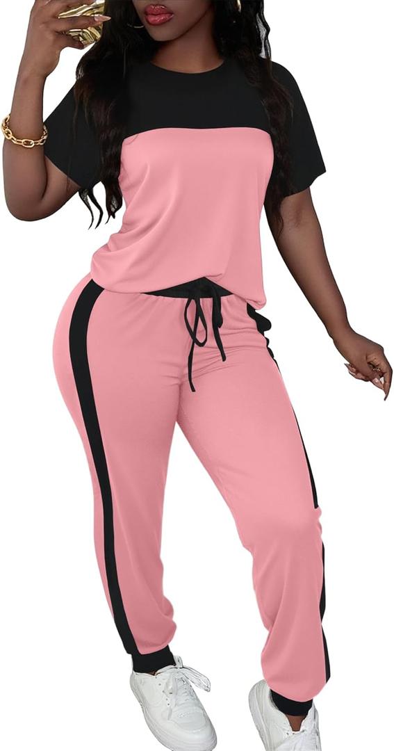 LovelyWholesale Women Jogging Suits 2 Piece Set Short Sleeve Color Block Tops and Jogger Pants Pink Large (Pink, L)