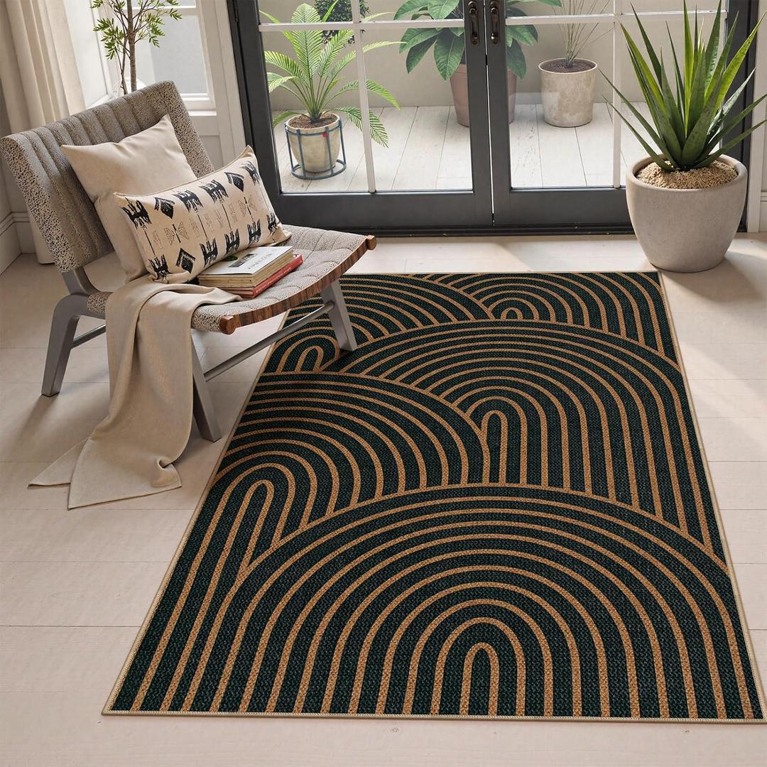 Lahome Modern Rainbow Easy Jute Patio Rug, 3x5 Washable Rugs for Entryway Farmhouse Carpet, Non Slip Indoor Door Mat Contemporary Throw Carpet for Laundry Guestroom Room Porch Decor (Black/Multi-rainbow-1)