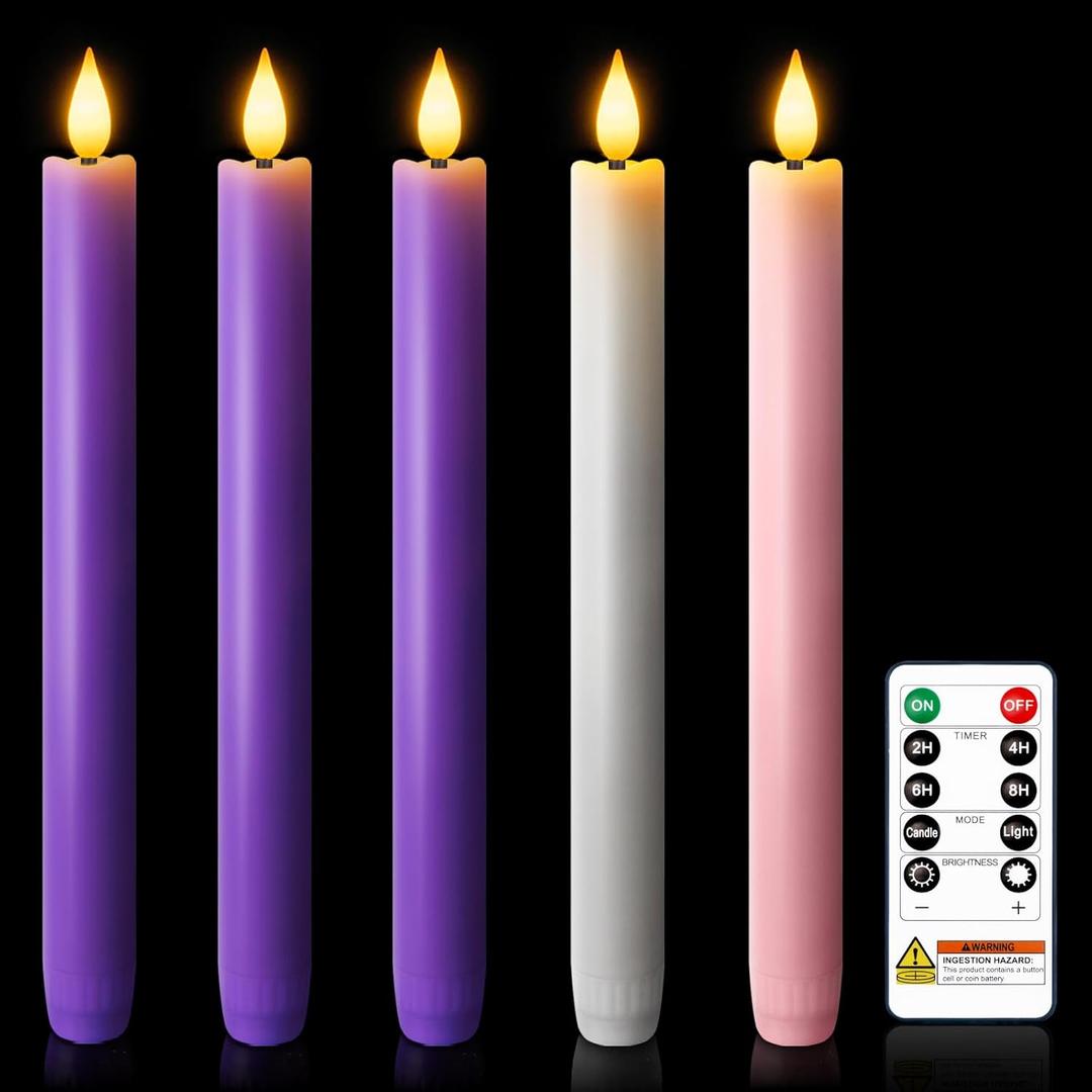 LED Advent Candles Set of 5, Flameless Taper Candles with Remote, Battery Operated Taper Candlestick Flickering, 3 Purple, 1 Pink, 1 White for Christmas Wreath