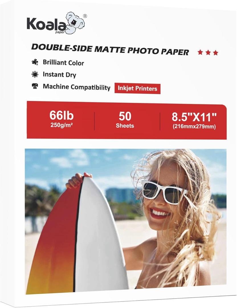 Koala Double Sided Matte Thick Photo Paper 8.5x11 Inches Heavyweight 50 Sheets 250gsm Compatible with Inkjet Printer and Dye Ink
