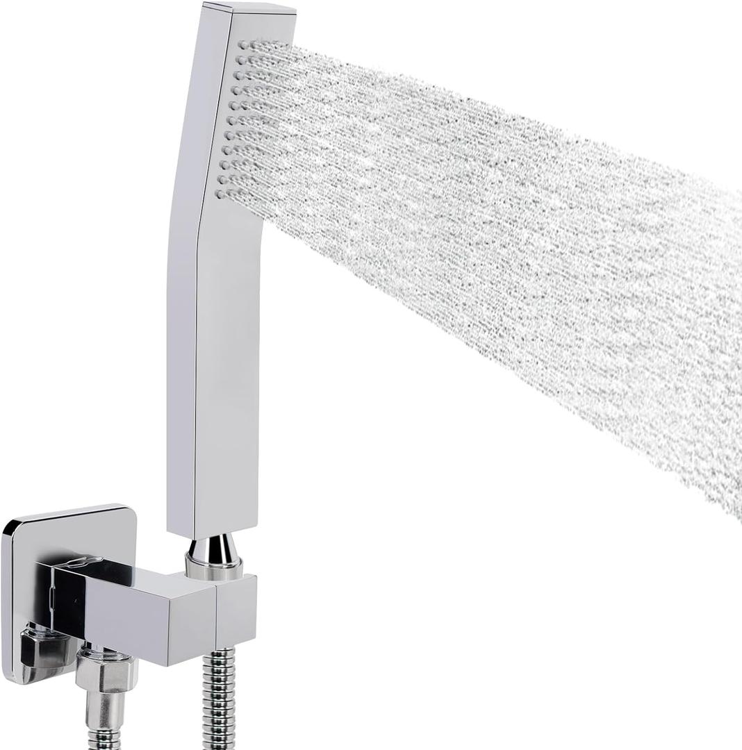 NearMoon Brass Hand Held Shower Head, Luxury High Pressure Shower Kit with Wall Connector and Hose Set, for Bathroom Showering System Contemporary Square Style (Chrome Finish) (Chrome Finish)