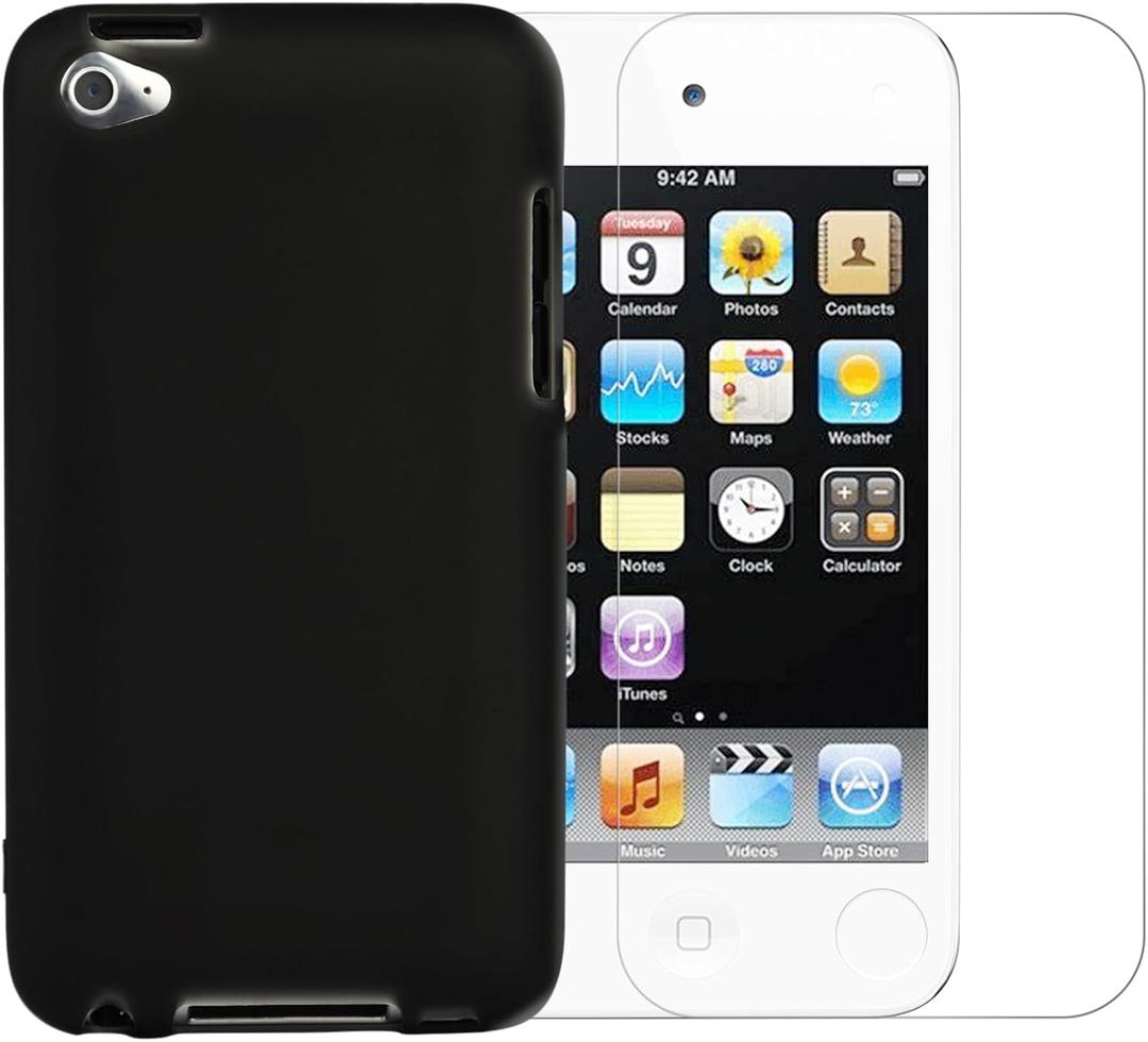 Compatible with iPod Touch 4 Case + Screen Protector,iPod Touch4 Protective case Slim Plastic Shockproof Cover for Apple iPod Touch 4, 4th Generation Shockproof Cover (Black)