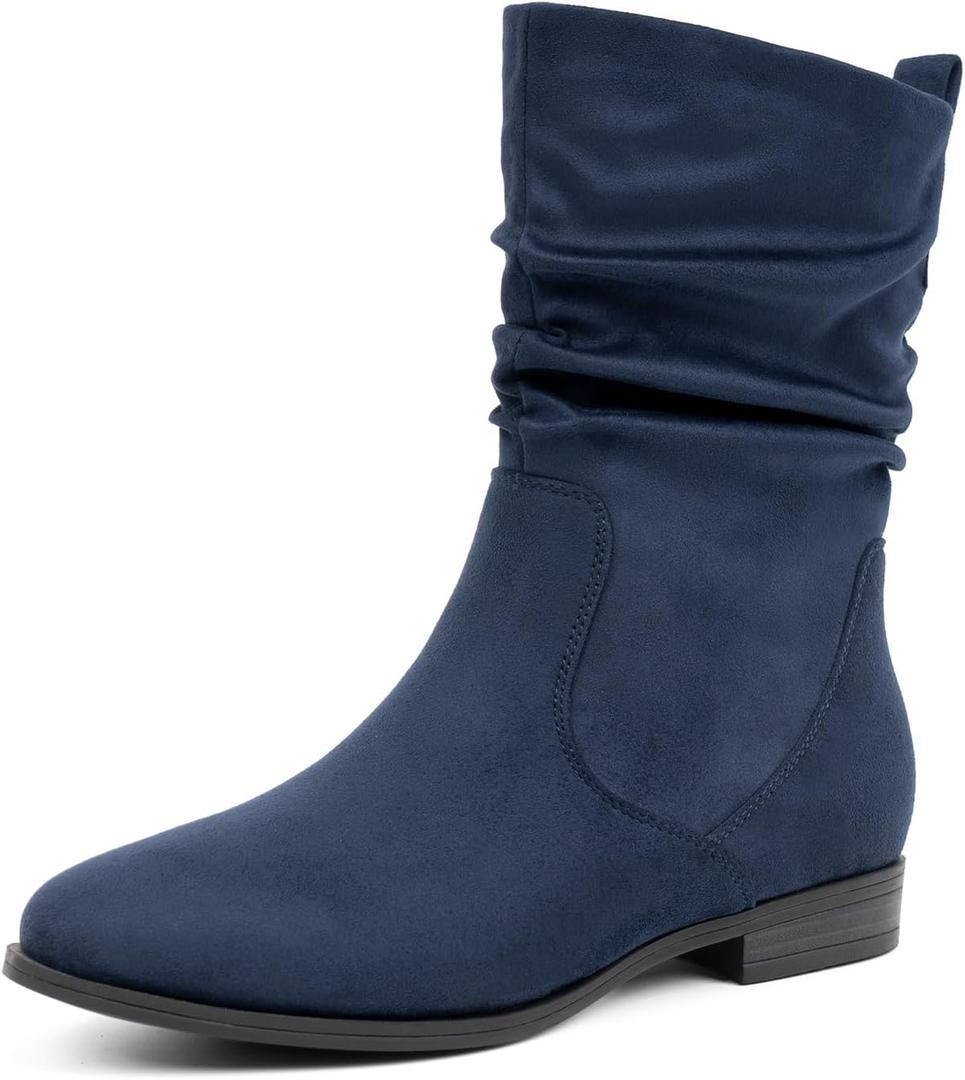 VJH confort Women's Mid Calf Boots, Almond Round Toe Low Heel Comfort Dress Slouchy Booties, Size 6.5