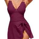 Charmo One Piece Swimdress Swimsuits for Women Scalloped Tummy Control Swim Dress Tie Knot Skirt Bathing Suit M