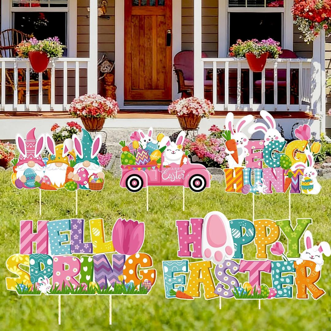 Easter Yard Signs with Stake Waterproof Cartoon Colorful Eggs & Bunny Outdoor Decor for Easter Outdoor Decorations Garden Lawn Patio Pathway Decor Outside