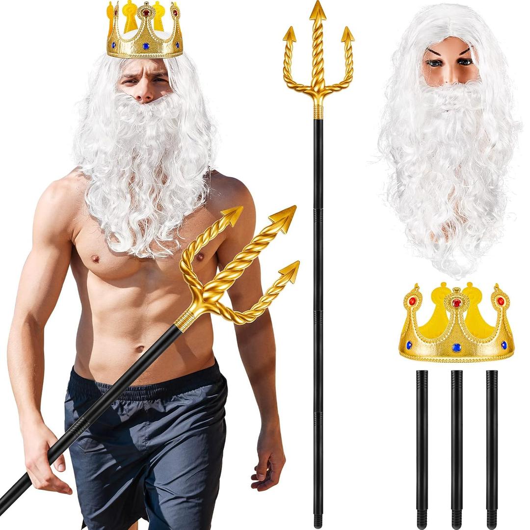 Shappy 4 Pcs King Neptune Costume Accessory White Wig and Beard Set Gold Trident Golden King Crown for Christmas Dress Costume