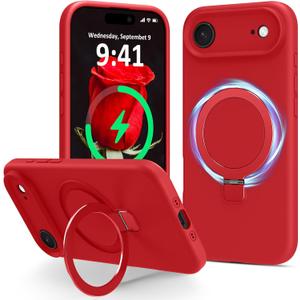 Compatible with iPhone Air Case with Stand, Full Camera Protection Slim Liquid Silicone Phone Cases for iPhone 17 Air Compatible with MagSafe Magnetic Ring Kickstand Case 6.5", Red