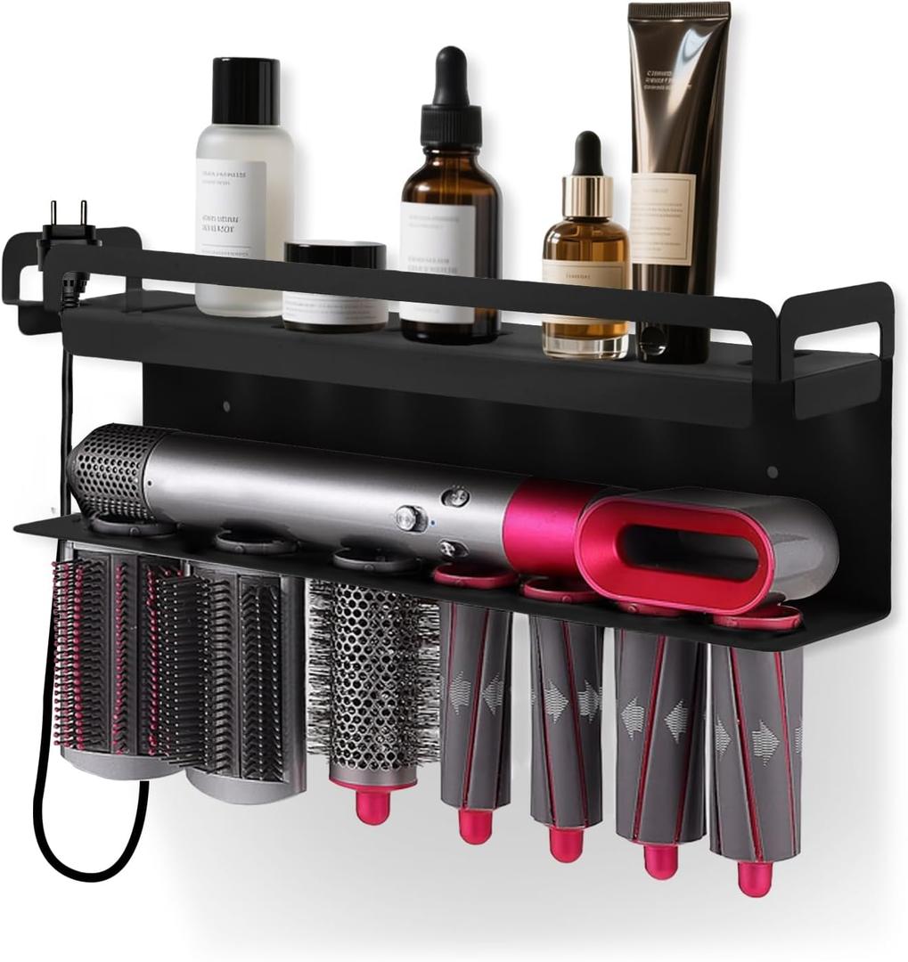 Hyber&Cara Wall Mounted Storage Holder Compatible with Dyson Airwrap Storage Stand Rack No Drill Storagefor Bathroom Shelf Organizer Curling Iron Attachments and Complete Styler (Black 1)