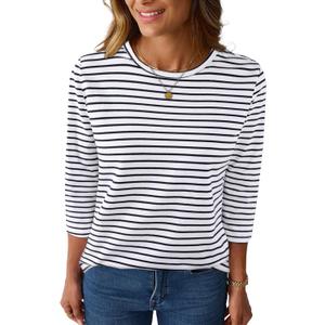 LilyCoco Womens 3/4 Length Sleeve Tops Striped Boatneck Shirt Breton French Cotton Tees Blue and White Small (White, S)