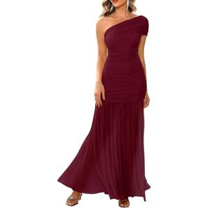 LAGSHIAN Women's Elegant Formal Long Dress One Shoulder Sleeveless Ruched Bodycon Evening Dress S
