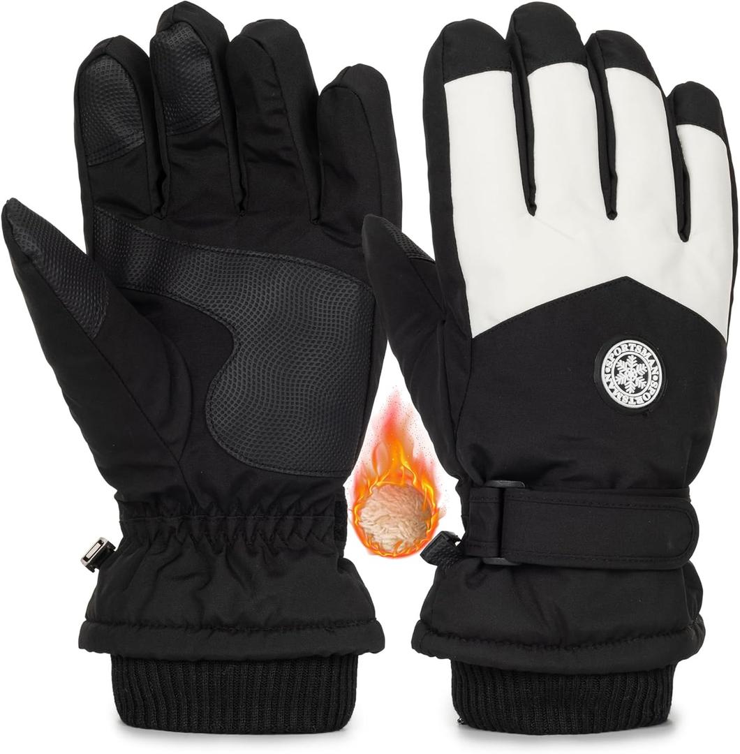 Men and Women Ski Gloves Winter Cold Weather Gloves Touchscreen Warm Waterproof Gloves for Cycling, Running, Driving, Skiing (One Size, Black and White)