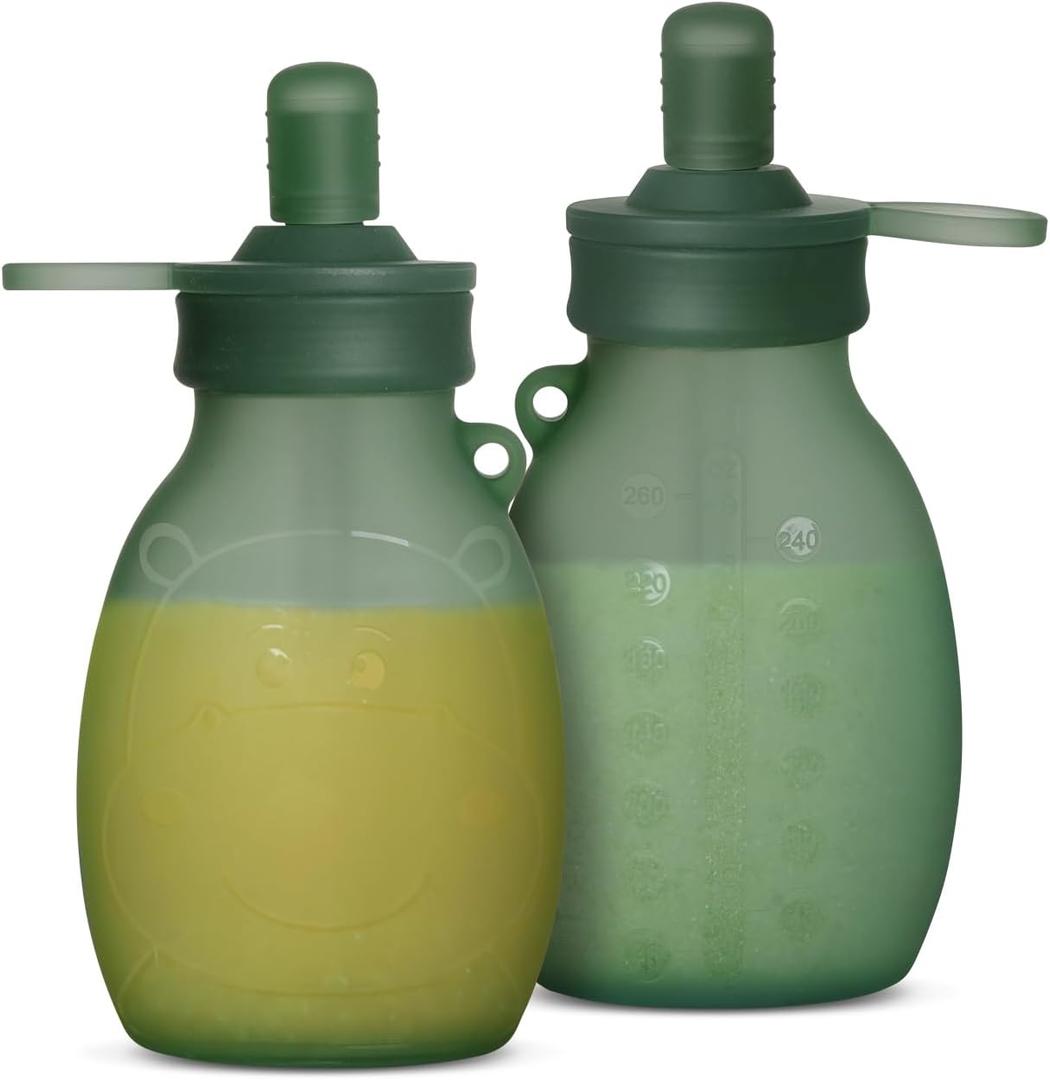 haakaa Hippo Wide Opening Silicone Goody Pouch  9oz/260ml Reusable Pouches for Toddlers, Baby Food Pouches with Wide Opening for Easy Fill & Clean, Perfect for Purees & Smoothies, 2 Pack (Pea Green)