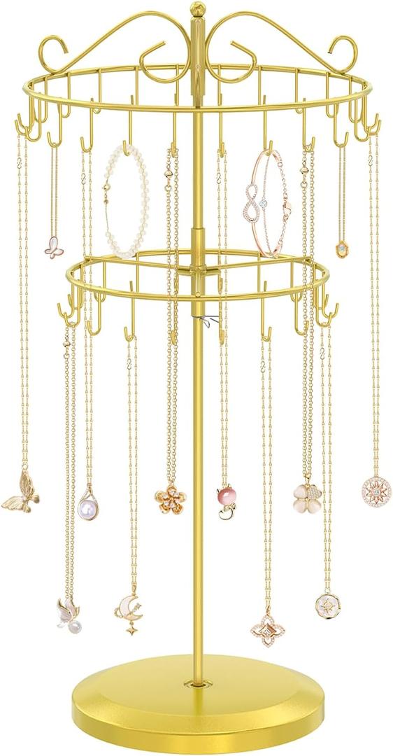 iDavosic.ly 2 Tier Rotating Necklace Holder Organizer with 42 Hooks, Adjustable Metal Bracelet Display Stand Rack, Extra Tall Keychain Spinning Tree Tower for Women, Gold