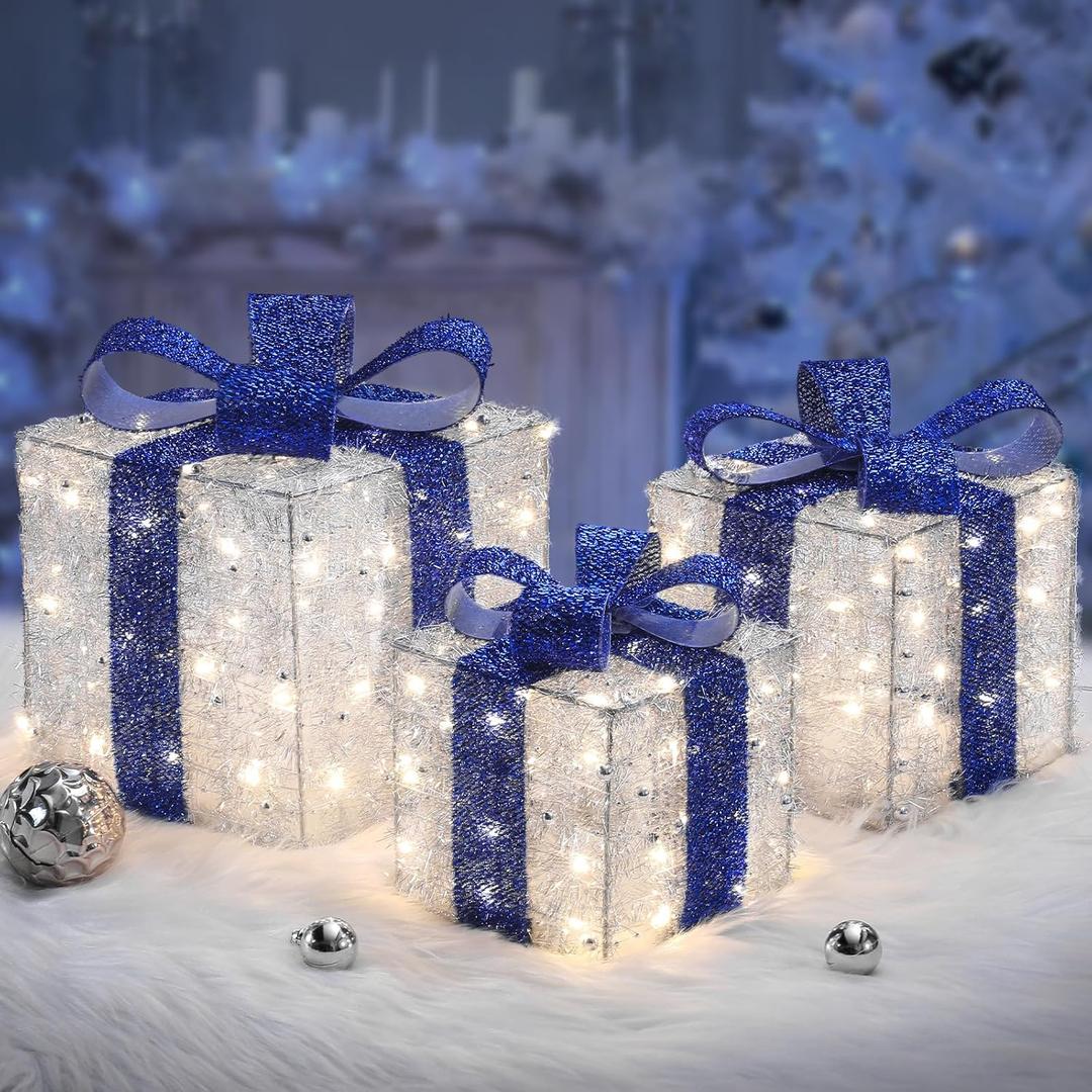 Blue Christmas Decorations, Christmas Lighted Gift Boxes 140 LEDs Light Up Presents Christmas Decor, 8 Modes & Timer Function Plug-in Set of 3 Lighted Christmas Boxes for Xmas Holiday Indoor Outdoor