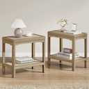 Night Stand Set of 2, Farmhouse End Table with 2 Tier Boho Rattan Shelves, Side Tables Living Room with Round Edge Design, Ultra-Thick Legs Bedside Nightstand for Bedroom, Caramel Oak