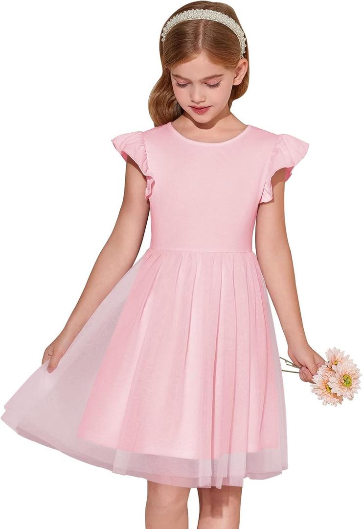 Haloumoning Girls Tutu Dress Ruffle Short Sleeve Fluffy Summer Party Tulle Dress for Kids 7-8Y (Pink)
