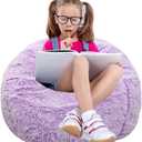 Fluffy Bean Bag Chair for Kids, 2.5FT Round Memory Foam Filled Bean Bag for Teens & Kids, Ultra Soft Faux Fur Fabric Bean Bag Chairs for Playroom, Living Room, Bedroom, Lavender (Small, Purple)