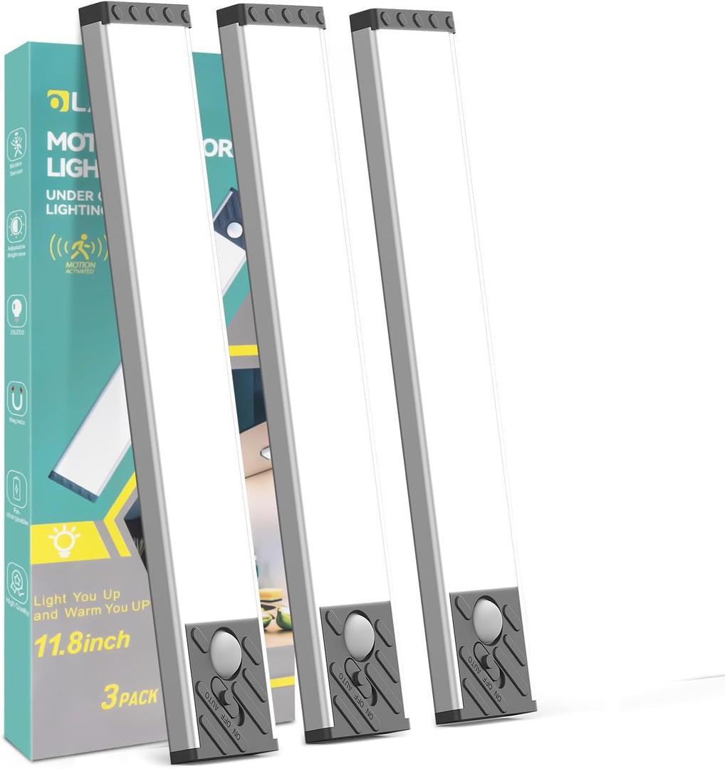 Under Cabinet Lighting, Equipped with Motion Sensor, 11.8" Rechargeable Battery Operated3-Level Adjustable Brightness, 3 Pack Magnetic Under Counter Lights for Kitchen, Closet, Pantry