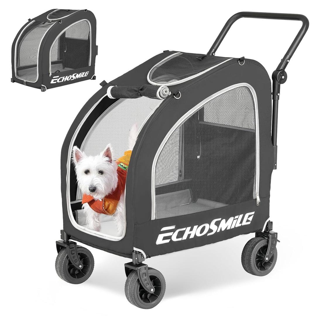 EchoSmile 4 Wheels Pet Stroller, Dog & Cat Stroller for All-Season, Lightweight Carrier with Storage Basket, Adjustable Handle, Removable Pad, Breathable Mesh, Up to 135 lbs, Black 