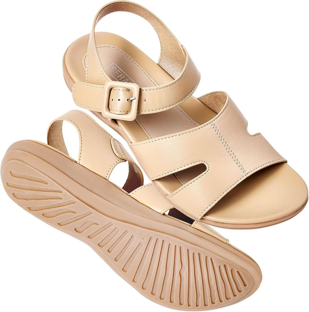 Flat Sandals for Women Dressy - Apricot Summer Comfortable Walking Casual Arch Support Ankle Strap Open Toe Slip on Womens Flats Sandal Size 10