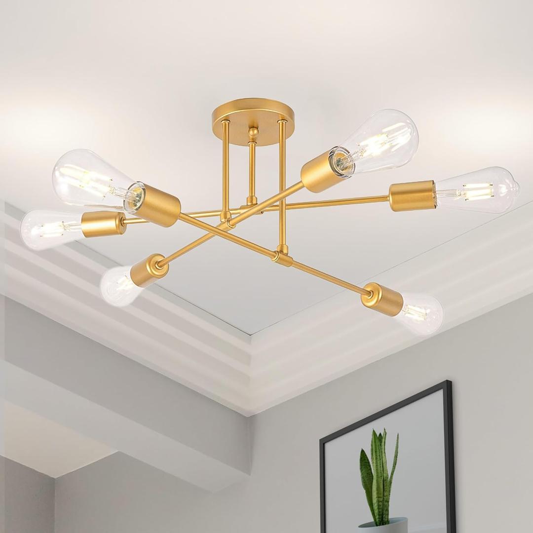 Modern Sputnik Chandelier, 6-Lights 22" Bronze Antique Copper Finish Ceiling Fixture, Mid Century Industrial Semi Flush Mount for Dining Room Bedroom Living Room (NOT Bright Gold)
