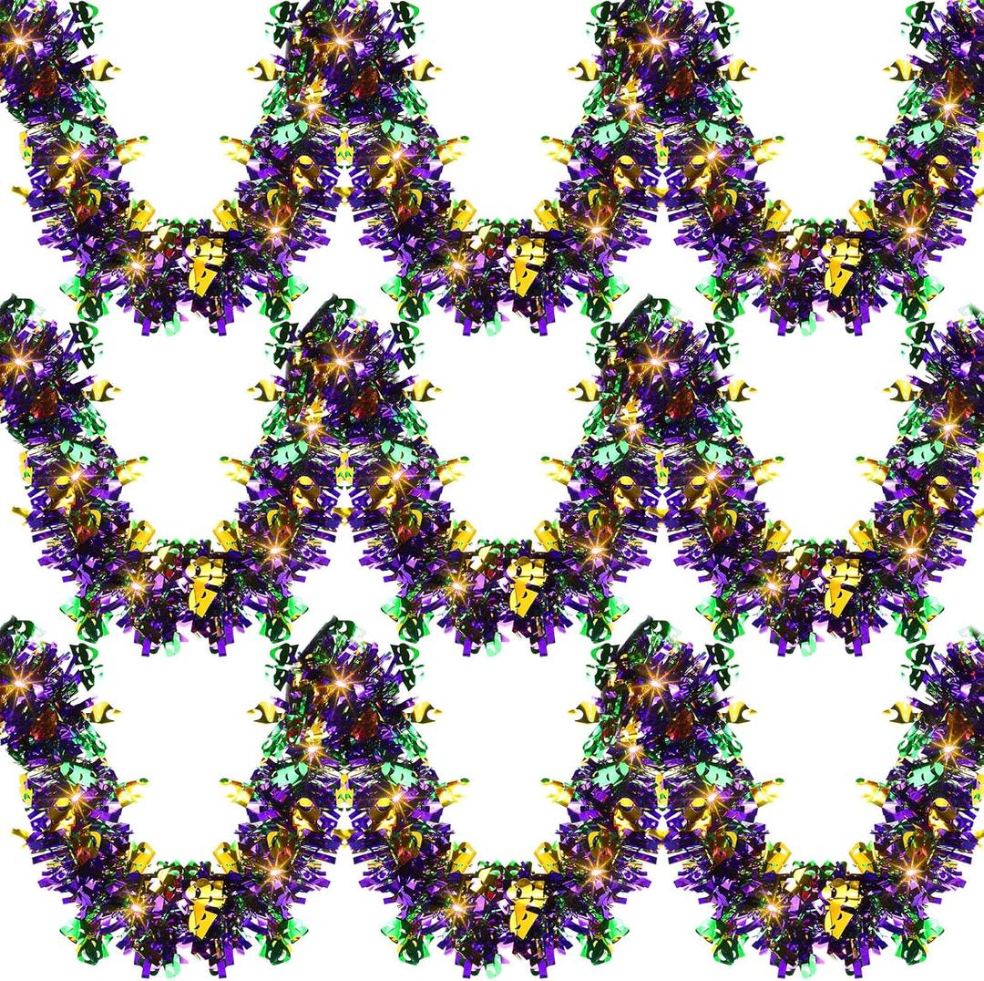 78.7 Feet Mardi Gras Decorations Mardi Gras Tinsel Garland with 120 LED String Lights Gold Purple Green Metallic Streamers Sparkling Glittering Hanging Decoration for Carnival Christmas Party (Face)
