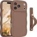 GUAGUA for iPhone 17 Pro Case with Wrist Strap, Wavy Edge Phone Case Cute Curly Shape with Adjustable Wristband Kickstand Shockproof Anti Slip Phone Case for iPhone 17 Pro 6.3'', Brown