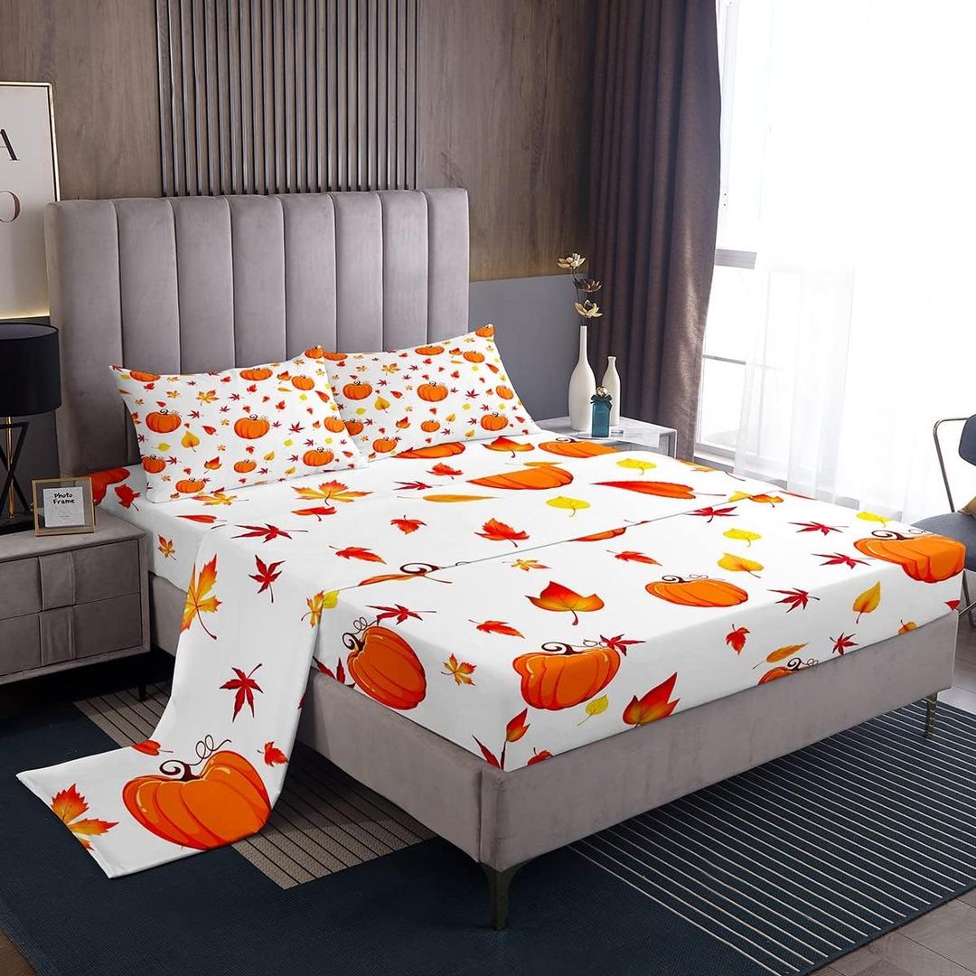 Fall Pumpkin Bed Sheets Queen Size Maple Leaves Sheet Set For Kids Girls Boys Autumn Harvest Fruit Botanical Fitted Sheet Orange Natural Leaf Plant Bedding Set deep pocket Bedroom Decor 4Pcs (Multi 01)