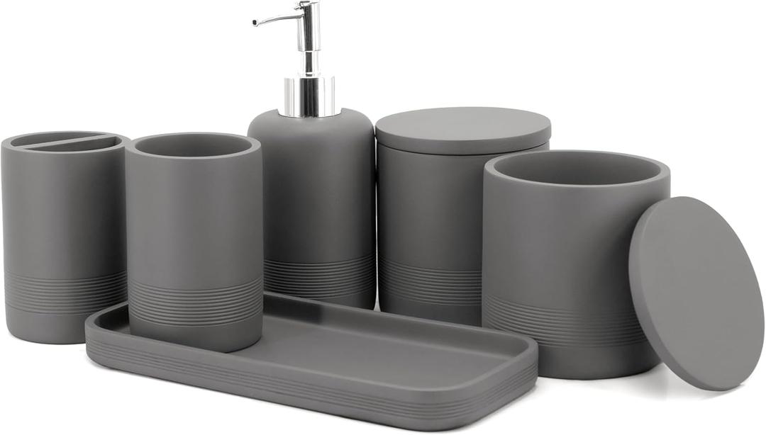ZCCZ Gray Bathroom Accessories Set 6 Pieces - Toothbrush Holder, Lotion Dispenser, Qtip Container, Vanity Tray, Tumbler - Countertop Organizer for Bathrooms - Elegant and Functional Dcor Set