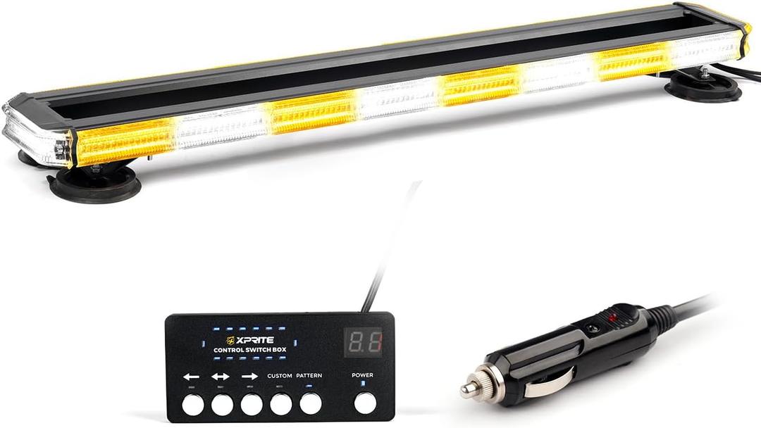 Xprite 34 inch 270 LED Rooftop Emergency Strobe Light Bar Heavy-Duty Flashing Warning Lights w/Adjustable Mounting Brackets, for Construction Vehicles Towing Work Trucks Plows Pickup - White Amber