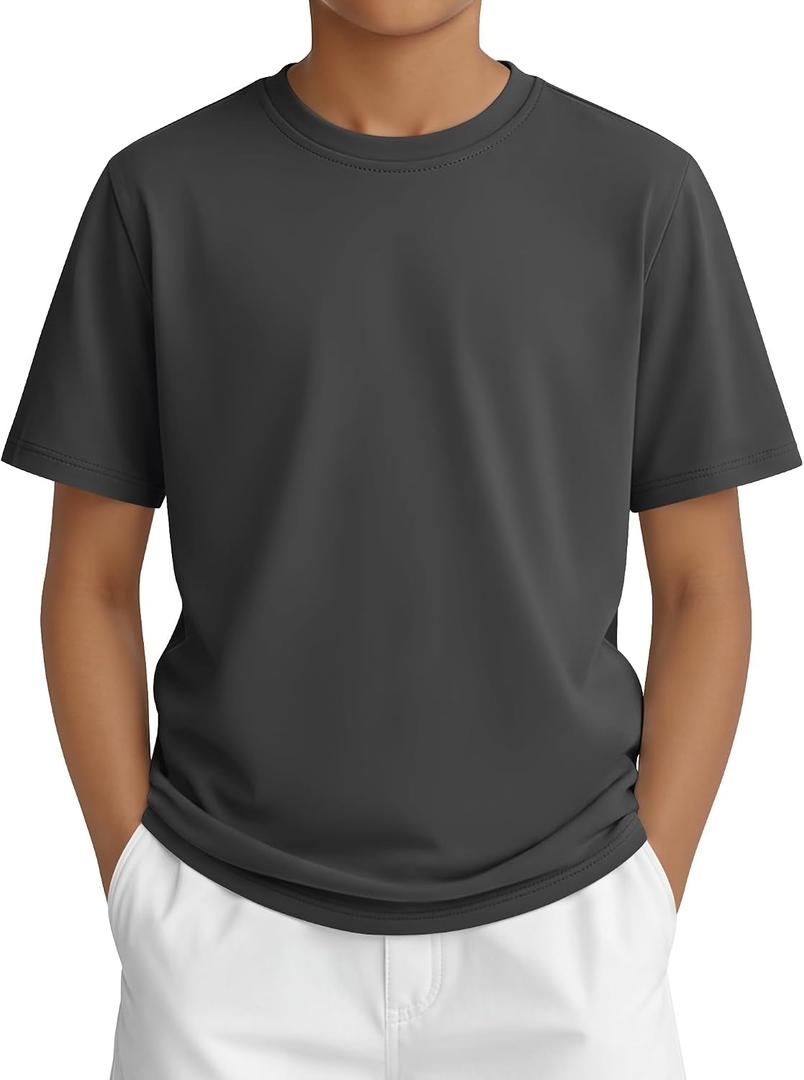 Boys Short Sleeve Crew Neck Shirt | 5-16 Y, Soft Fabric, Loose Fit, Crew Neck, Short Sleeves, Solid Color, Summer School And Daily Wear (Gray)