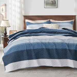 Andency Navy Blue Striped Quilt Set Cal King(104x112Inch), 3 Pieces (1 Quilt and 2 Pillowcases) Patchwork Bedspread Coverlet Set, Soft Lightweight Quilted Bedding Set