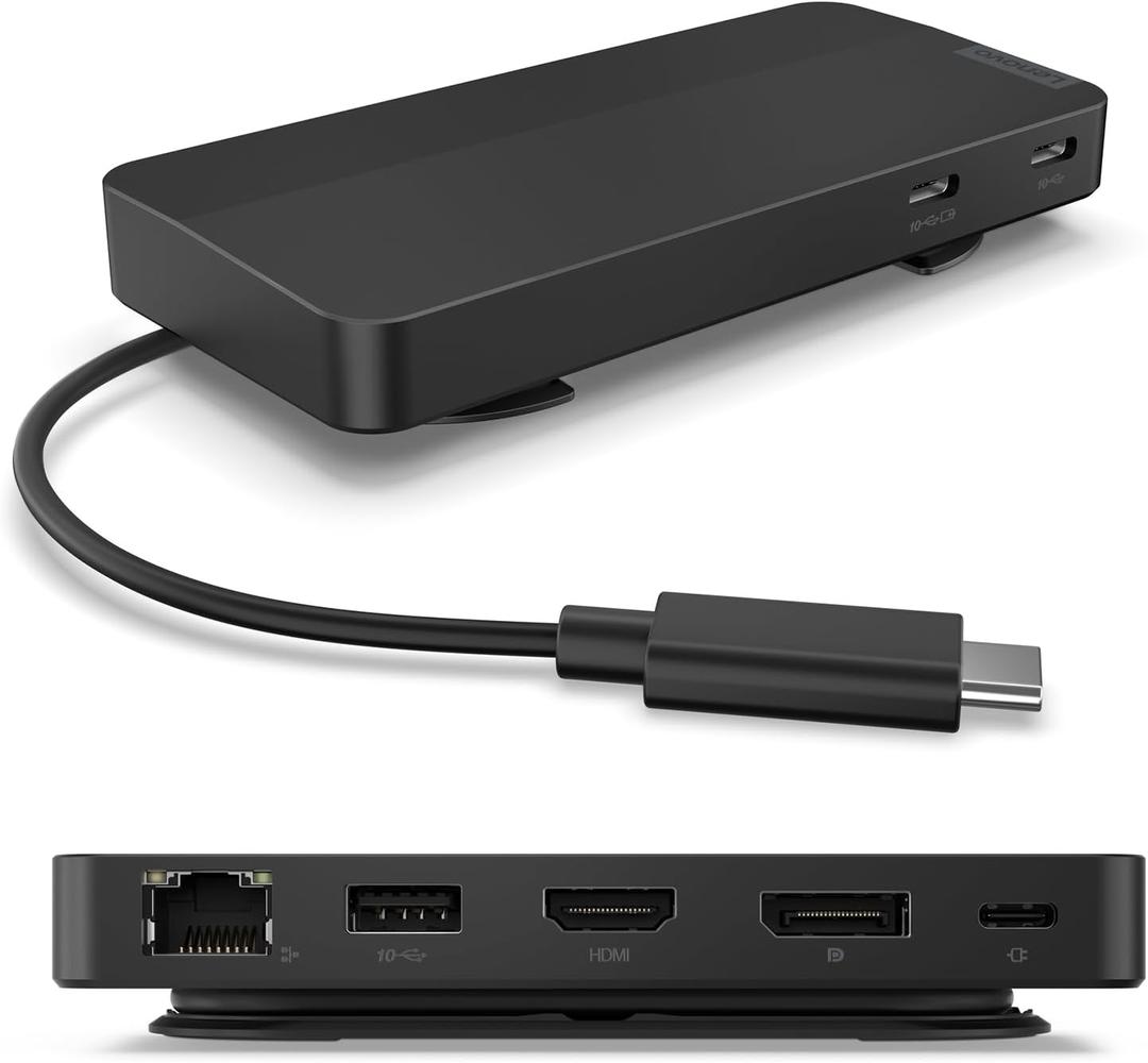 Lenovo USB-C Dual Display Travel Dock - 7 Ports, Integrated Cable, Universal Compatibility, 4K Support - Black