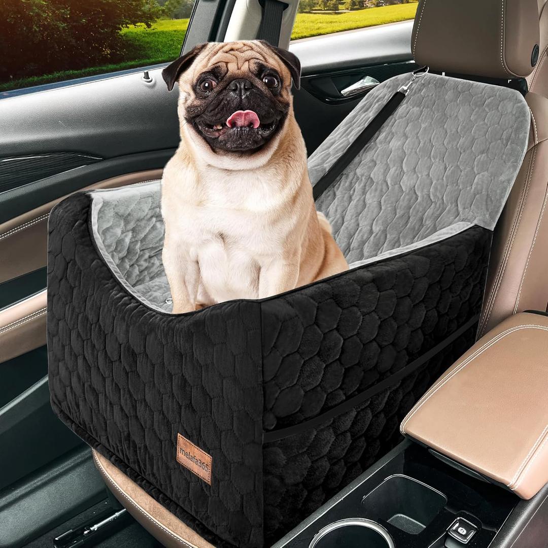 melafa365 Dog Car Seat for Small Medium Dogs, Memory Foam Dog Booster Seat, Elevated Pet Car Seat for Dogs up to 35 lbs, Travel Safety with Storage Pockets (Gray/Black)