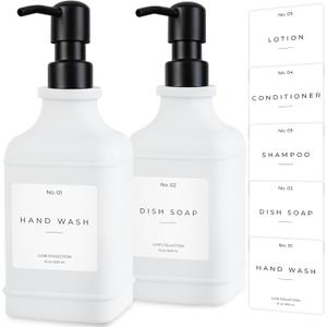 Emerson Essentials Glass Soap Dispenser Set 16 oz 2-Pack Refillable Dish & Hand Soap Dispensers for Kitchen or Bathroom Stainless Steel Pump & Waterproof Labels Included