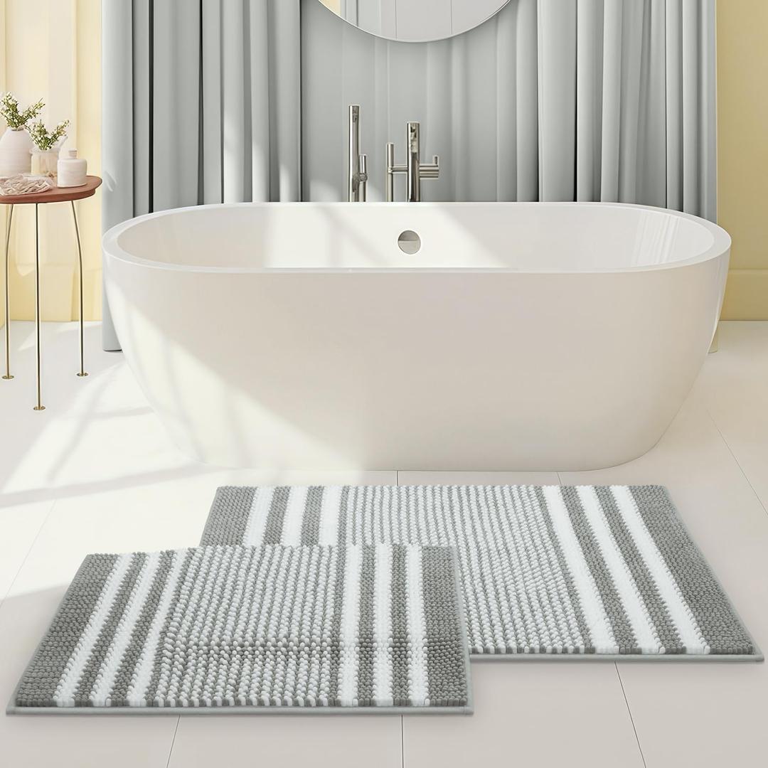 Tindbea Bathroom Rugs Set 2 Piece, Extra Soft and Absorbent Fluffy Striped Chenille Bath Mat Rug Set, Non Slip Bathroom Floor Mat, Machine Washable (20" x 32" Plus 16" x 24", Gray) 