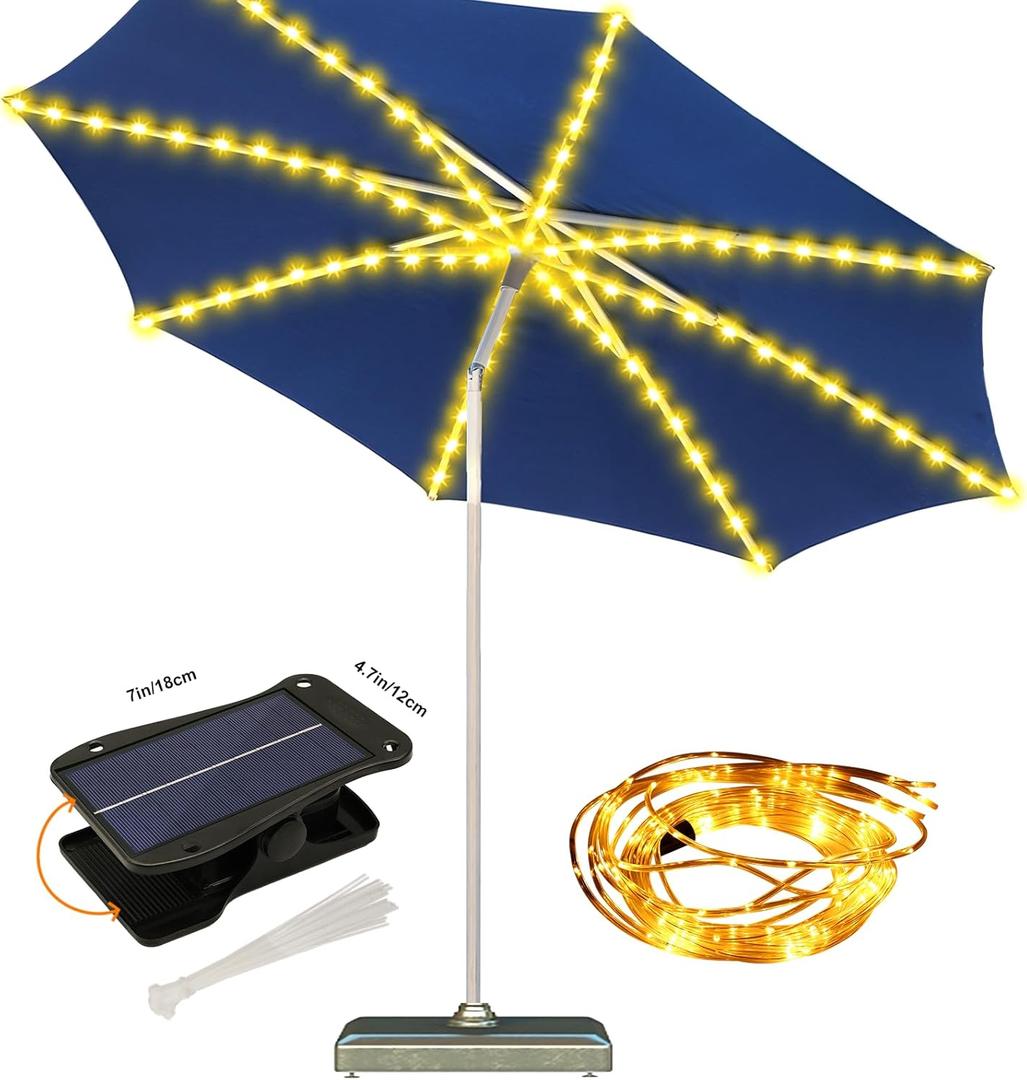ZNYCYE Patio Umbrella Solar Lights with 8 Lighting Modes - Upgraded Larger Solar Panel Clip 5V 152 LEDs Umbrella Lights Outdoor Waterproof for Patio Beach Tent Camping Garden Decor, Warm White