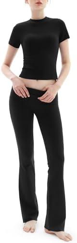 PUMIEY Women's Lounge Sets Short Sleeve Tops Fold-Over Flare Pants Casual Outfits Matching Set Nap Collection XL