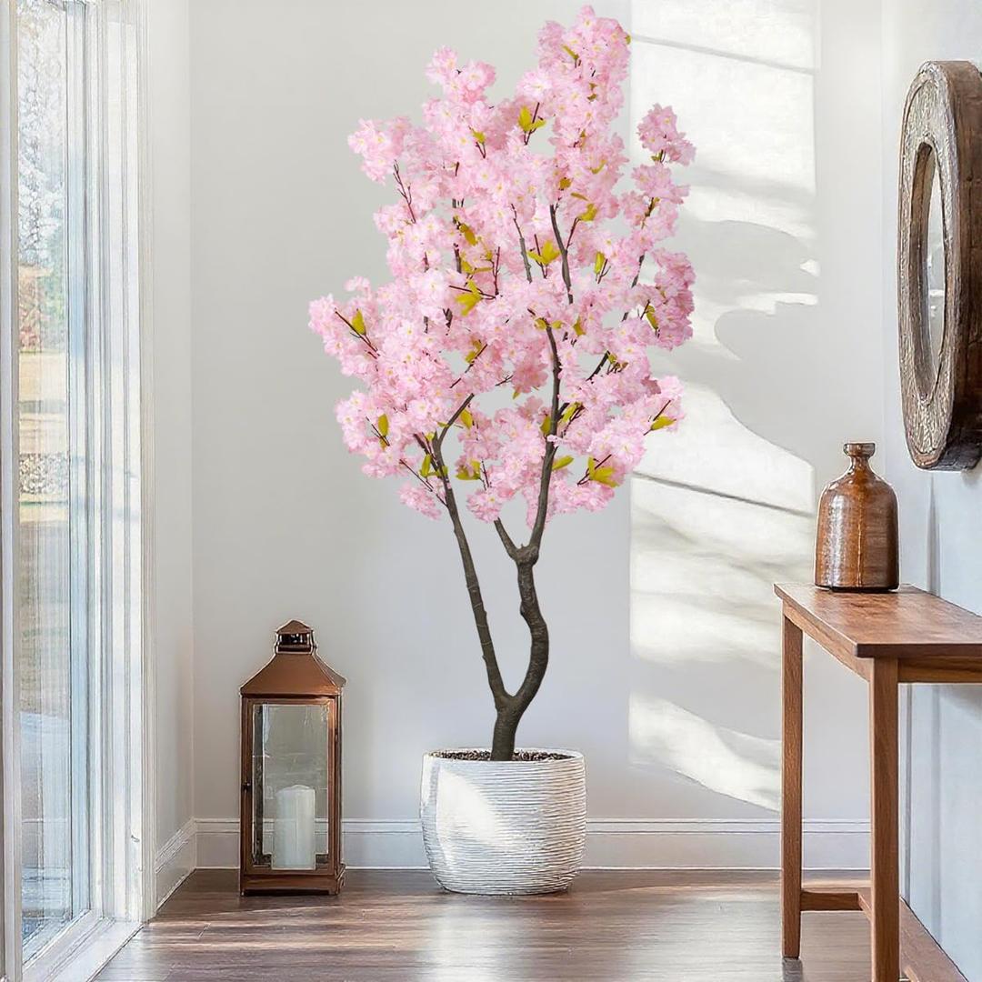 6.56ft Tall Pink Artificial Cherry Blossom Tree Decor, Fake Silk Flower Plant Indoor, Sakura Tree Realistic Faux Cherry Tree for Home Living Room Front Door Office (7ft 1in)