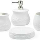 Ceramic Embossed Leaves Bathroom Accessories Set, 4 Piece Bathroom Ensemble Set with Toothbrush Holder, Toothbrush Cup, Soap Dispenser, Soap Dish (White)