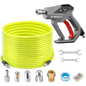 M MINGLE Sewer Jetter Kit for Pressure Washer 100 FT, Drain Cleaner Hose with Power Washer Gun, 1/4 Inch NPT Corner Rotating and Button Nose Sewer Jetting Nozzle, Orifice 4.0, 4.5 (Yellow)