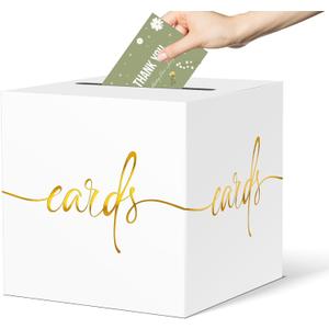 White Card Box with Gold Foil Design, Paperboard 8.7" Card Box for Birthday Wedding Party Graduation Retirement Anniversary Valentine's Day & Baby Showers, Raffle or Money Box