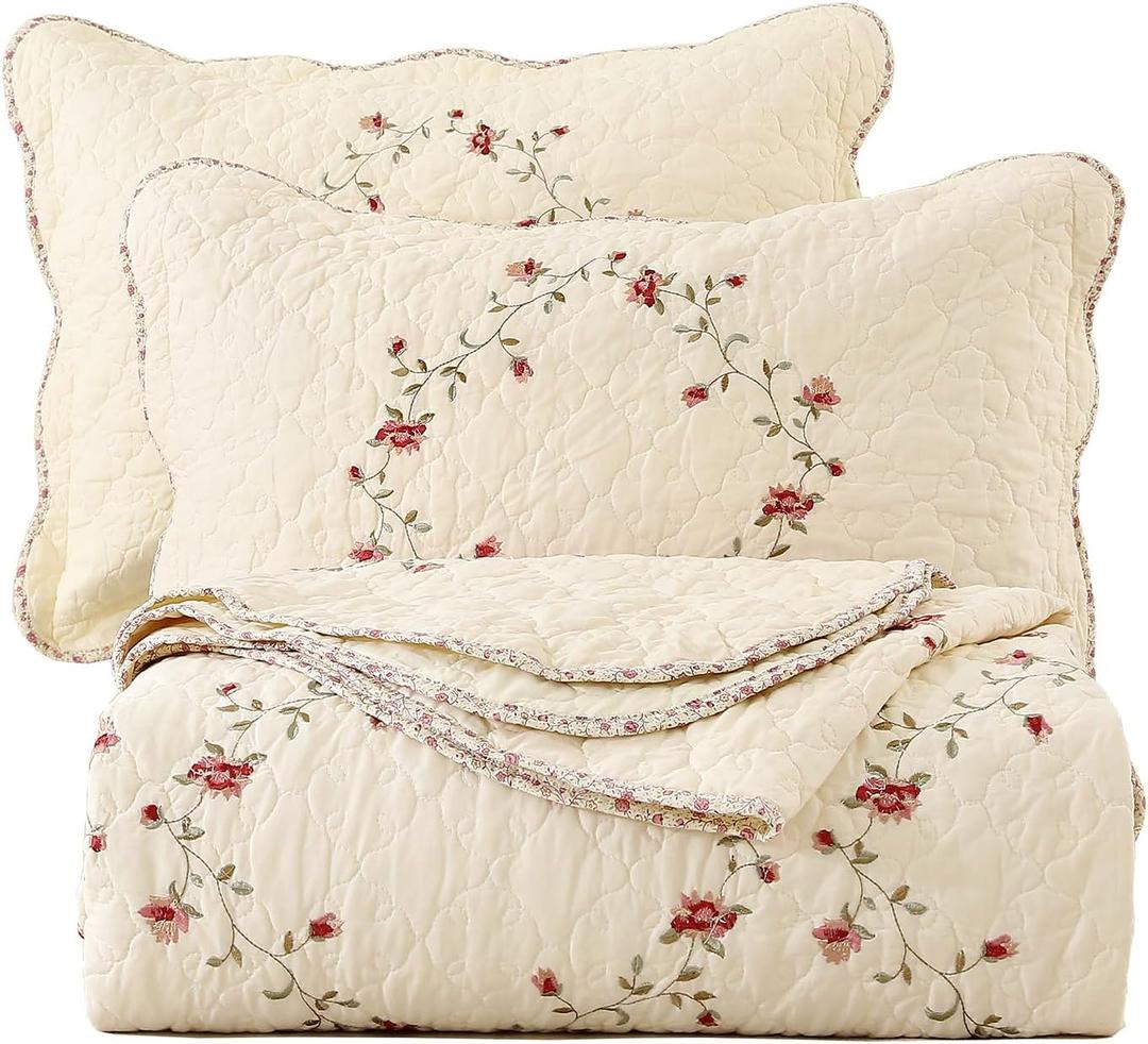 vctops 3-Piece Floral Embroidered Bedspread Coverlet Set Twin Size 100% Cotton Reversible Patchwork 1 Quilt and 2 Pillow Shams (Flower,Twin)